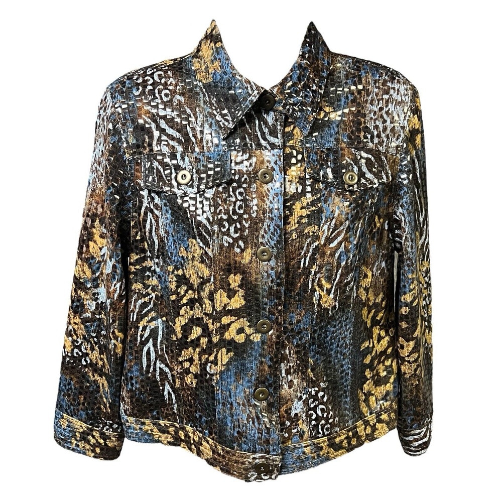Ruby Rd Jacket Petite Size 12P Brown Blue Abstract Print Textured Artsy Boho